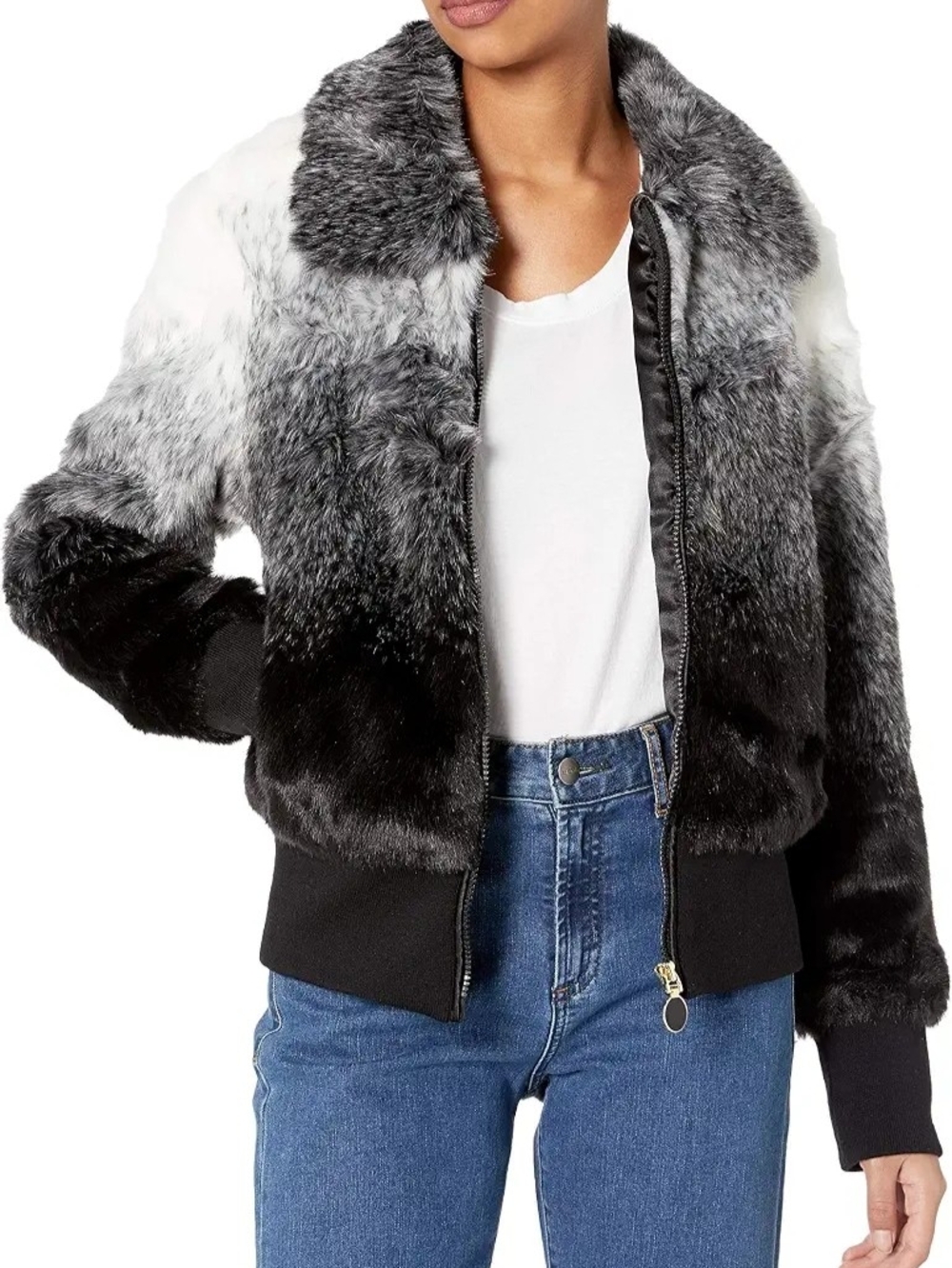 Sam Edelman Womens Black Gray White Faux Fur Ombre Bomber Jacket Size Medium